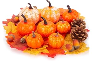 HANSGO 50 PCS Artificial Pumpkins Set Fall Decorations, Fake Pumpkins, Pinecones Acorns and Maple Leaves for Harvest Decorating Thanksgiving Table Decor