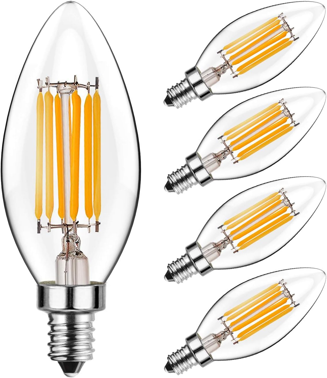 HzSane 6W Dimmable LED Filament Candle Light Bulb, 2700K Warm White 600LM, E12 Candelabra Base Lamp, C35 Torpedo Shape Bullet Top, Clear Glass Cover, 60W Incandescent Replacement (Pack of 5)