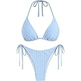 ZAFUL Textured Halter Bikini for Women 2 Piece Triangle Bikini Sets Sexy High Cut Bathing Suit Side Tie Swimsuits