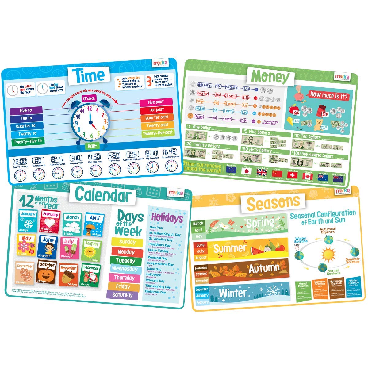 merka Kids' Educational Placemats – Reusable, Non-Slip, Silicone Plastic Mats for The Dining Table – A Learning Tool for Toddlers & Preschoolers – Set of 4 Mats: Time, Money, Calendar, Seasons