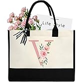 DEEZOMO Initial Canvas Tote Bag for Women, Beach Bag with Inner Zipper Pocket Personalized Gifts for Wedding, Birthday | Initial, Personalized Gifts, for Wedding, Birthday