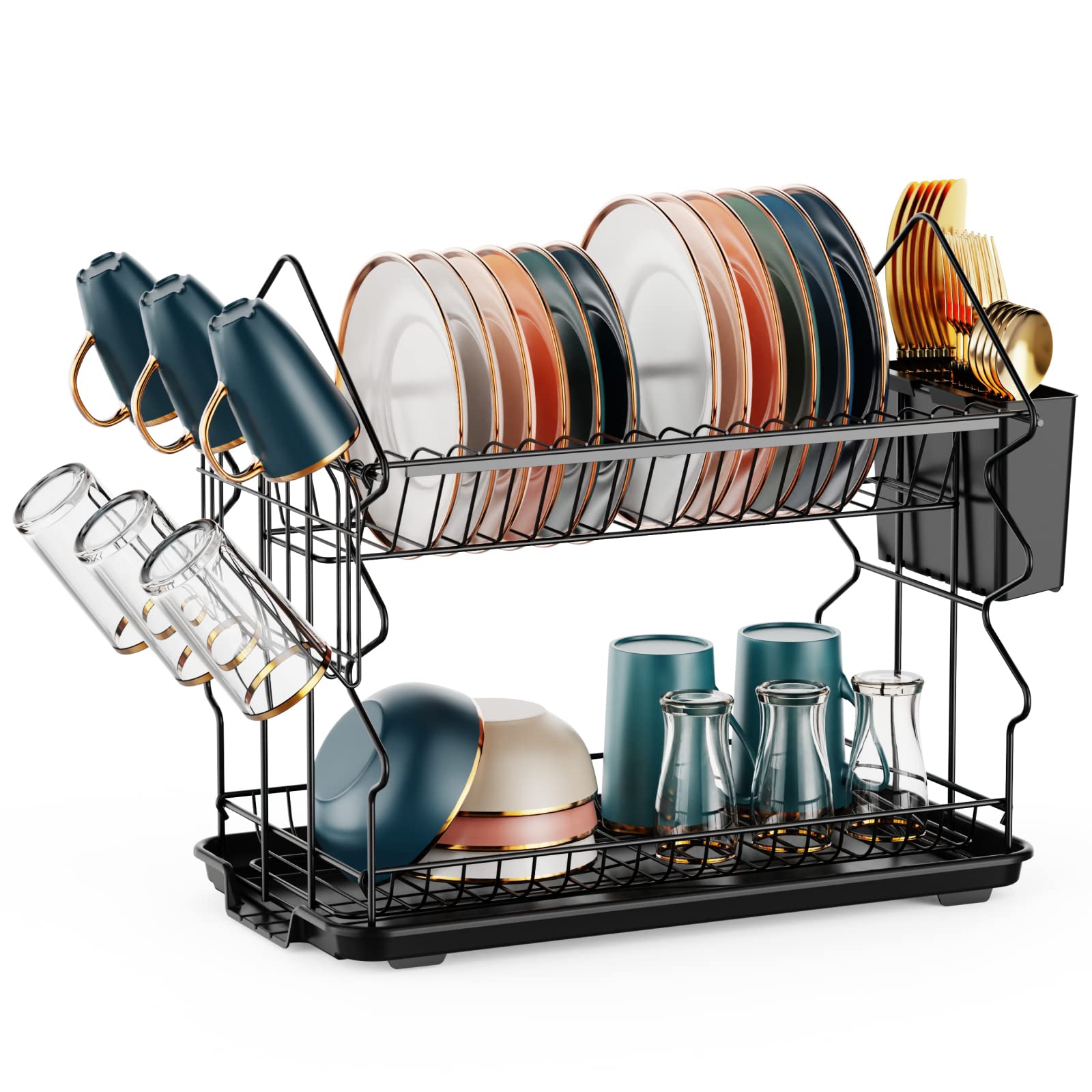 iSPECLE 2 Tier Dish Drainer Rack for Small Kitchens - Compact Dish Drying Rack with Drip Tray, Cutlery Holder & Chopping Board Holder, Rust-Resistant Metal for Kitchen Worktop, Black