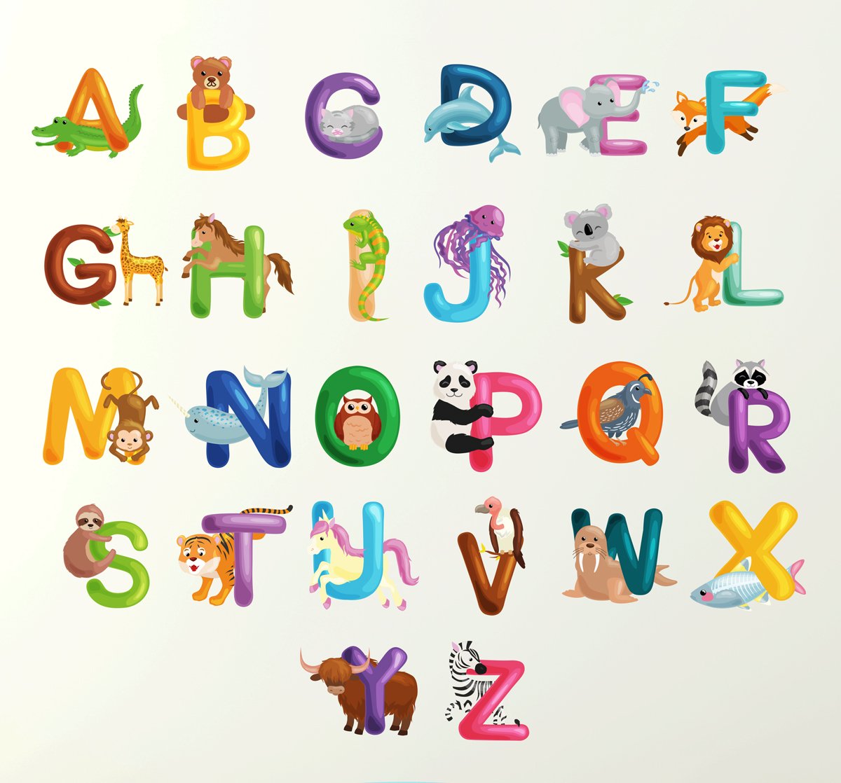 Alphabet Wall Sticker Animals 70cm Wide Wall Sticker Learn Letters Kids Room Decal Children Art Graphics Lettering Mural