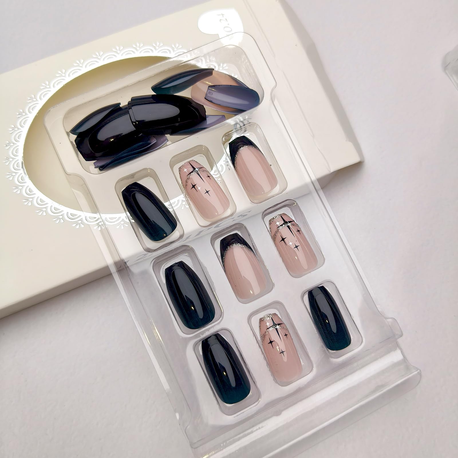 Black French Tip Press on Nails Medium Coffin Fake Nails with Silver Glitter French Tip Design Black Star Glue on False Nail Cross Star Square Acrylic Artificial Stick on Nail for Women Girls 24Pcs - Image 2