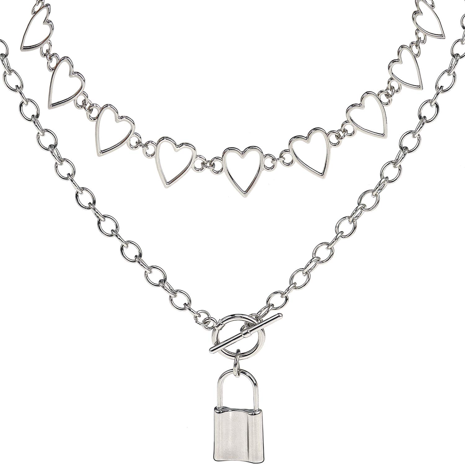 Suyi Choker Necklace - Simple Geometric Circle Choker Statement Clavicle Necklace for Women Girls Necklace Jewerly (Silver Heart Lock Set2)