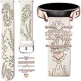 Wildflower Engraved Bands Compatible with Samsung Galaxy Watch 7 FE 6 4 5 Band 40mm 44mm, Galaxy Active 2, 20mm Soft Silicone Replacement Strap with Cute Decorative Charms Rings Accessories for Women