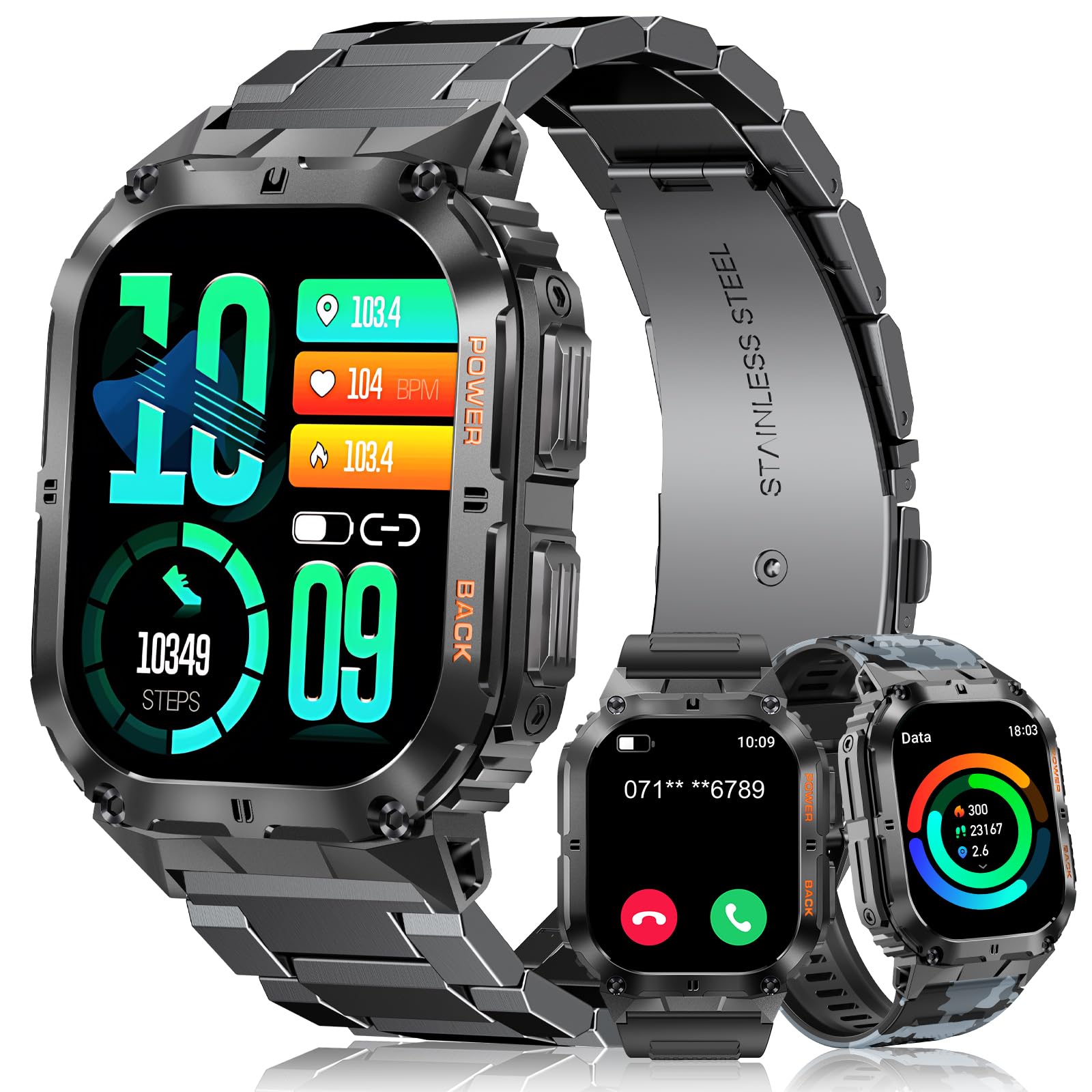 MEGALITH Military Smart Watch for Men: Fitness Tracker Sports Mens Watches Waterproof - Bluetooth Call Smartwatch for Android iOS Black