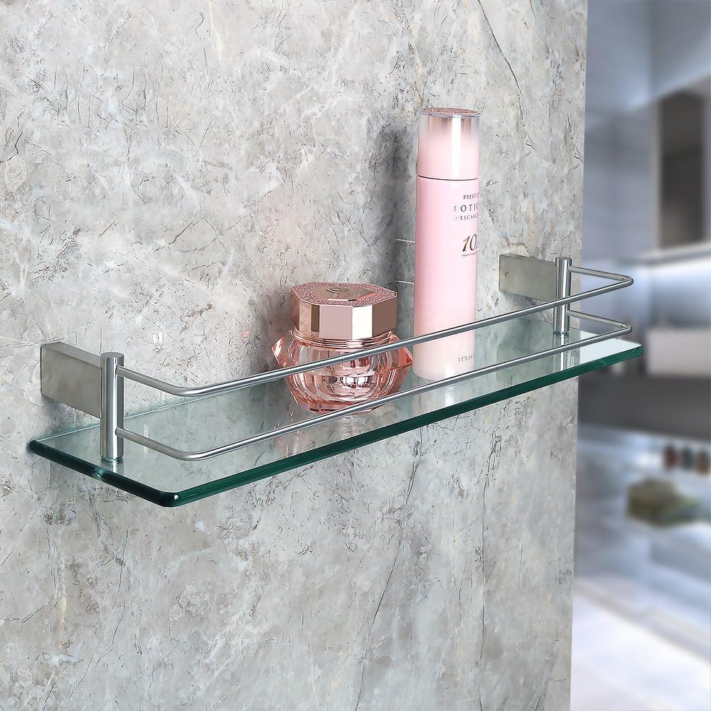 SAYAYO Tempered Glass Shelf Bathroom Shelf with Rail Wall Mounted 20 inches, Stainless Steel Brushed Finished, EGC1000 - Image 4