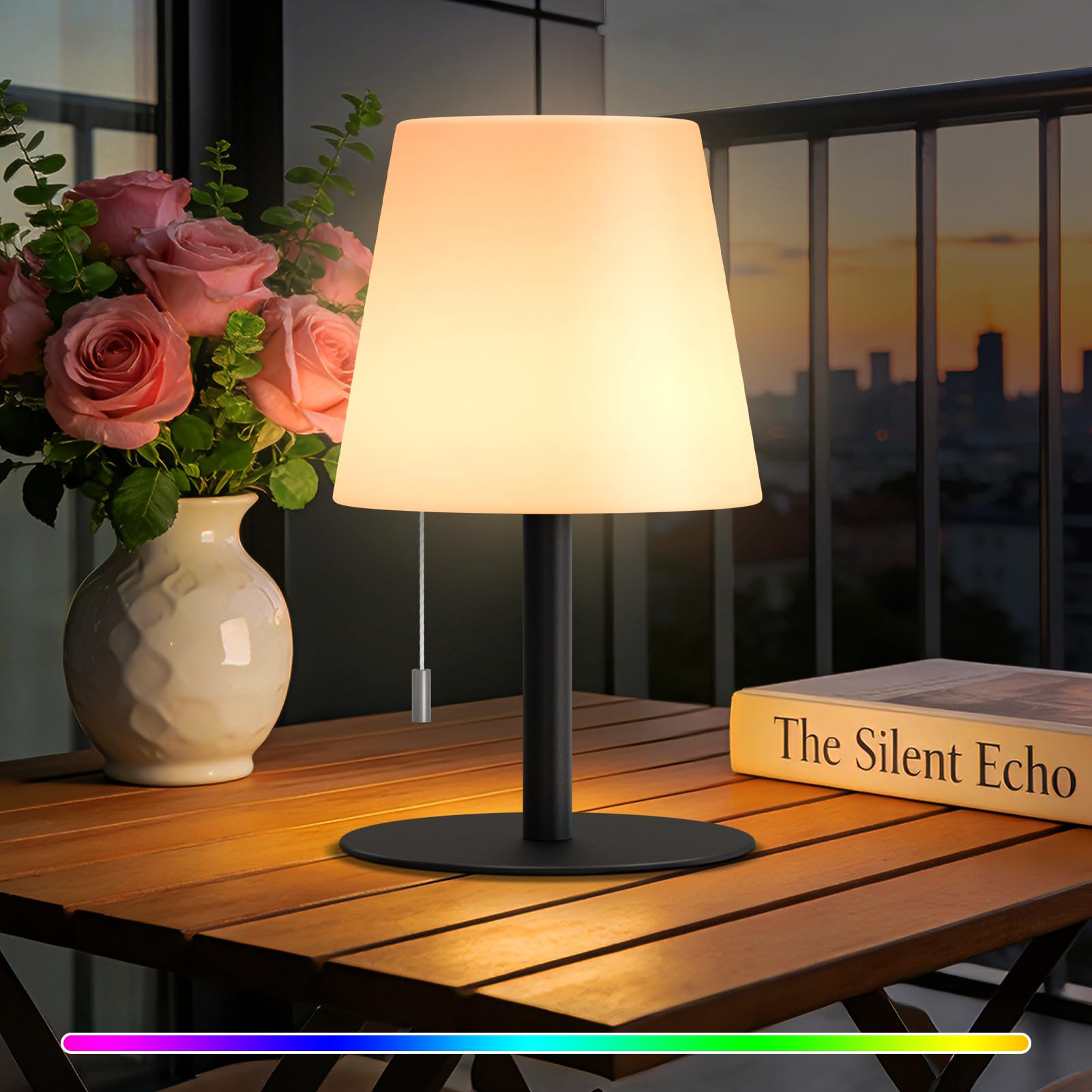 uuffoo LED Bedside Table Lamp, RGB Colors Rechargeable Led Night Light, Wireless Portable Dimmable Table Lamp, Mood Lamp for Kids Bedroom with Classic Metal Base and Drawstring Control