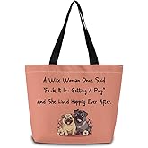 ZhuVantrix Wise Pug Mom Tote Bag Reusable Grocery Bags Aesthetic Shopping Shoulder Handbag with Interior Zipper Pocket Stylish Wise Pug Mom Present for Dog Lovers Women