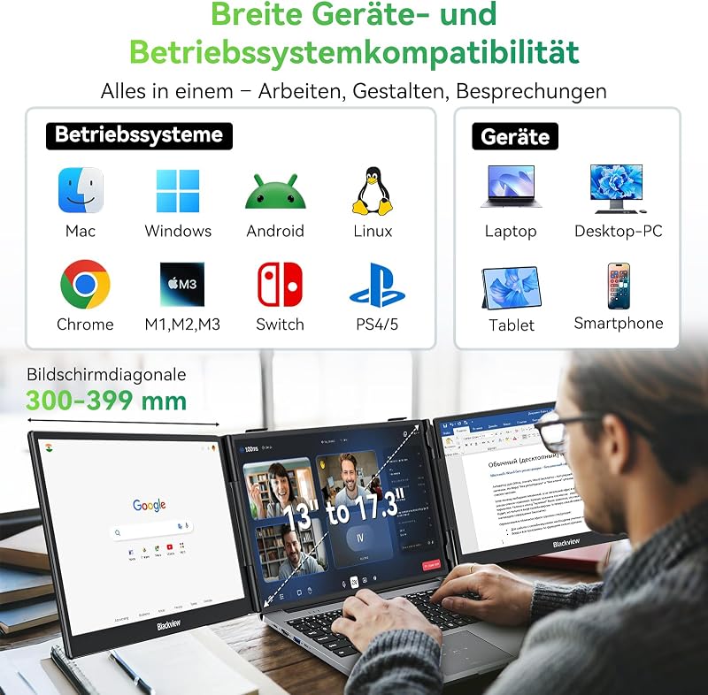 DCM5 Laptop Bildschirm Erweiterung 14", Niedriges Blaulicht 1080P FHD Laptop Monitor Erweiterung 13"-17,3", HDMI/USB-A/USB C Portable Monitor für Laptop/Smartphone/PC/Mac/PS5/Xbox