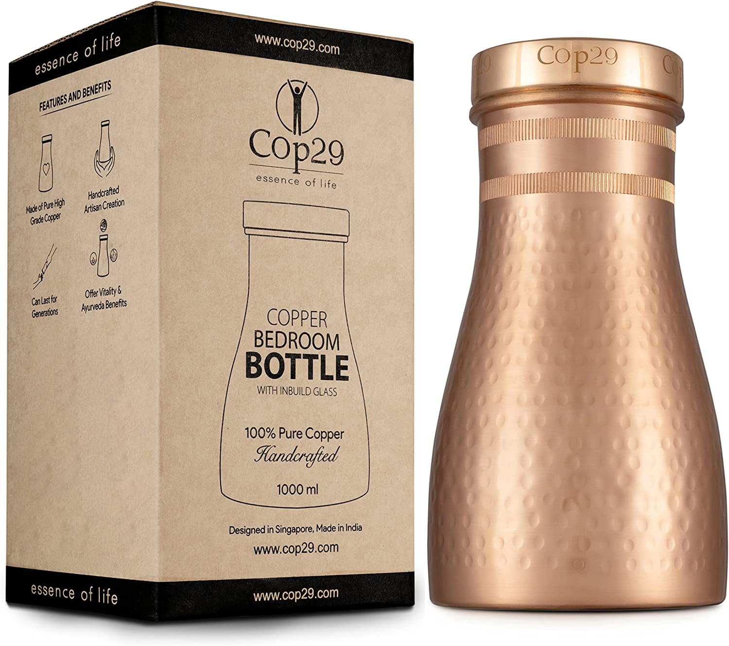 Cop29 Handmade Copper Dolny Matt Hammered Water Pitchers & Bedside Carafe with Tumbler (Loose Lid) – 1000ml/34oz