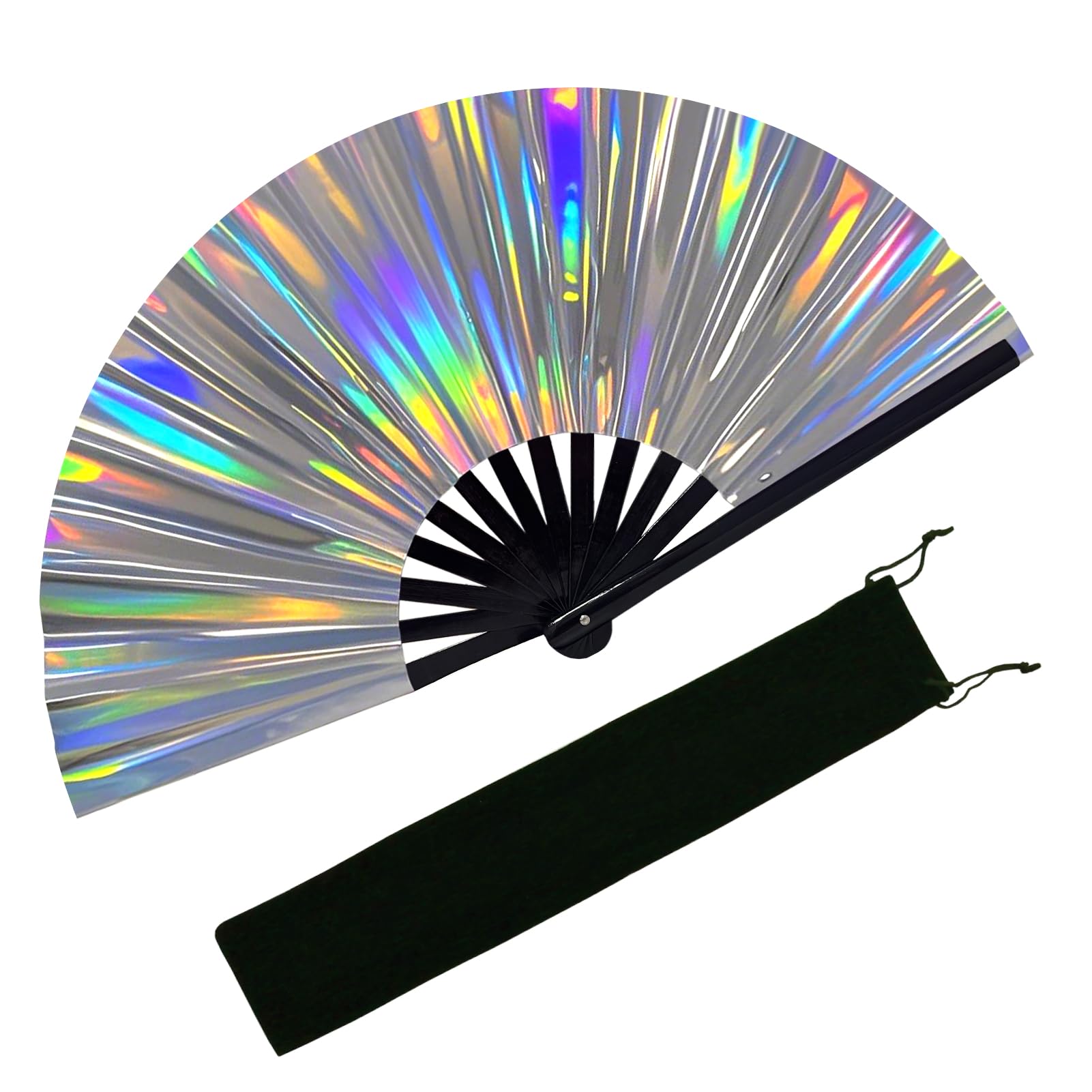EOSAU Large Holographic Rave Fan Folding Hand Fans for Line Dancing Portable Handheld Clack Fan for Festival EDM Party Music Outfit Accessories (13" White 01)