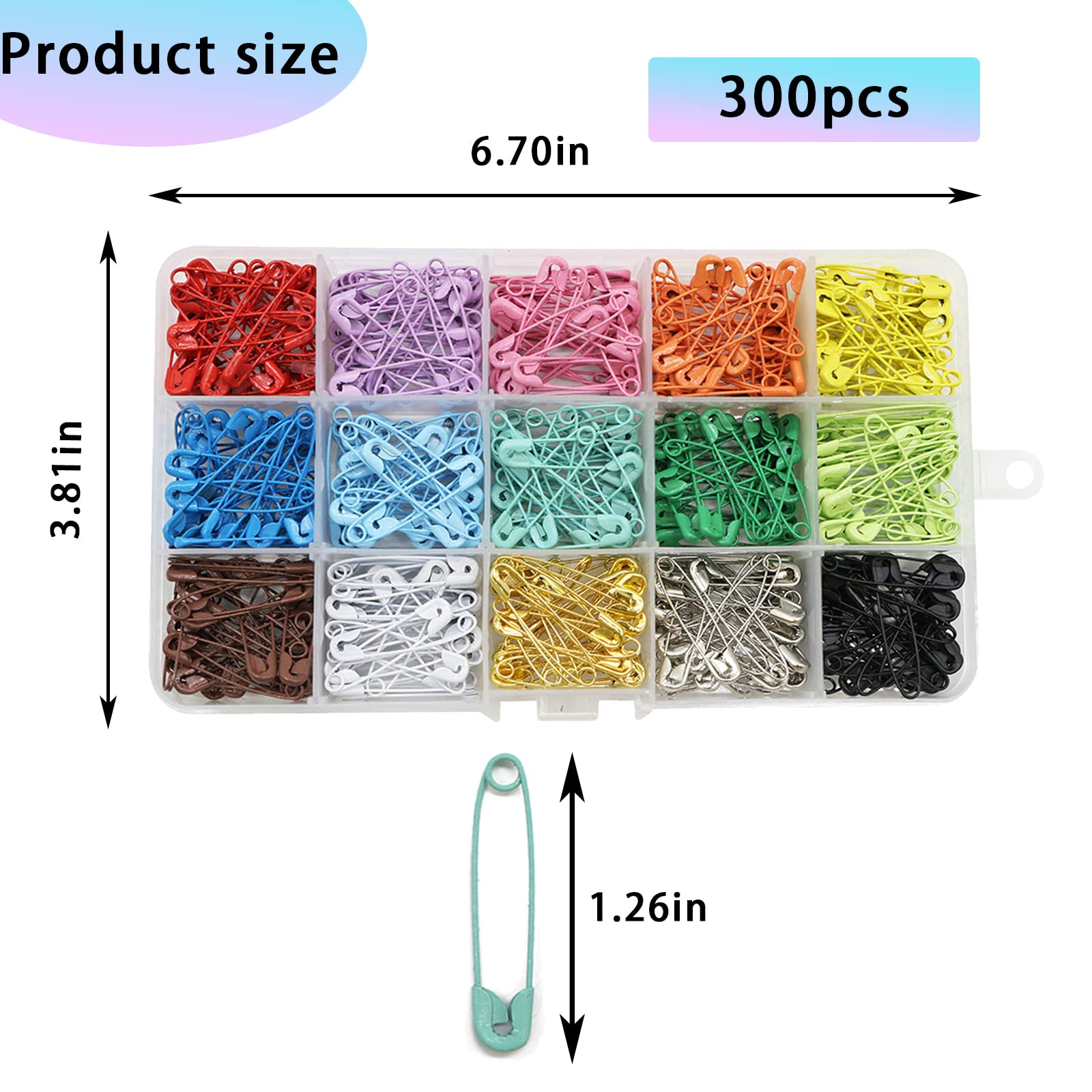 300Pcs Colored Safety Pins Bulk Sewing Pins Nickel-Plated Metal Safety Pins for Sewing, Art Craft, Jewelry Making, Knitting Stitch Marker（15 Colors, 32mm）