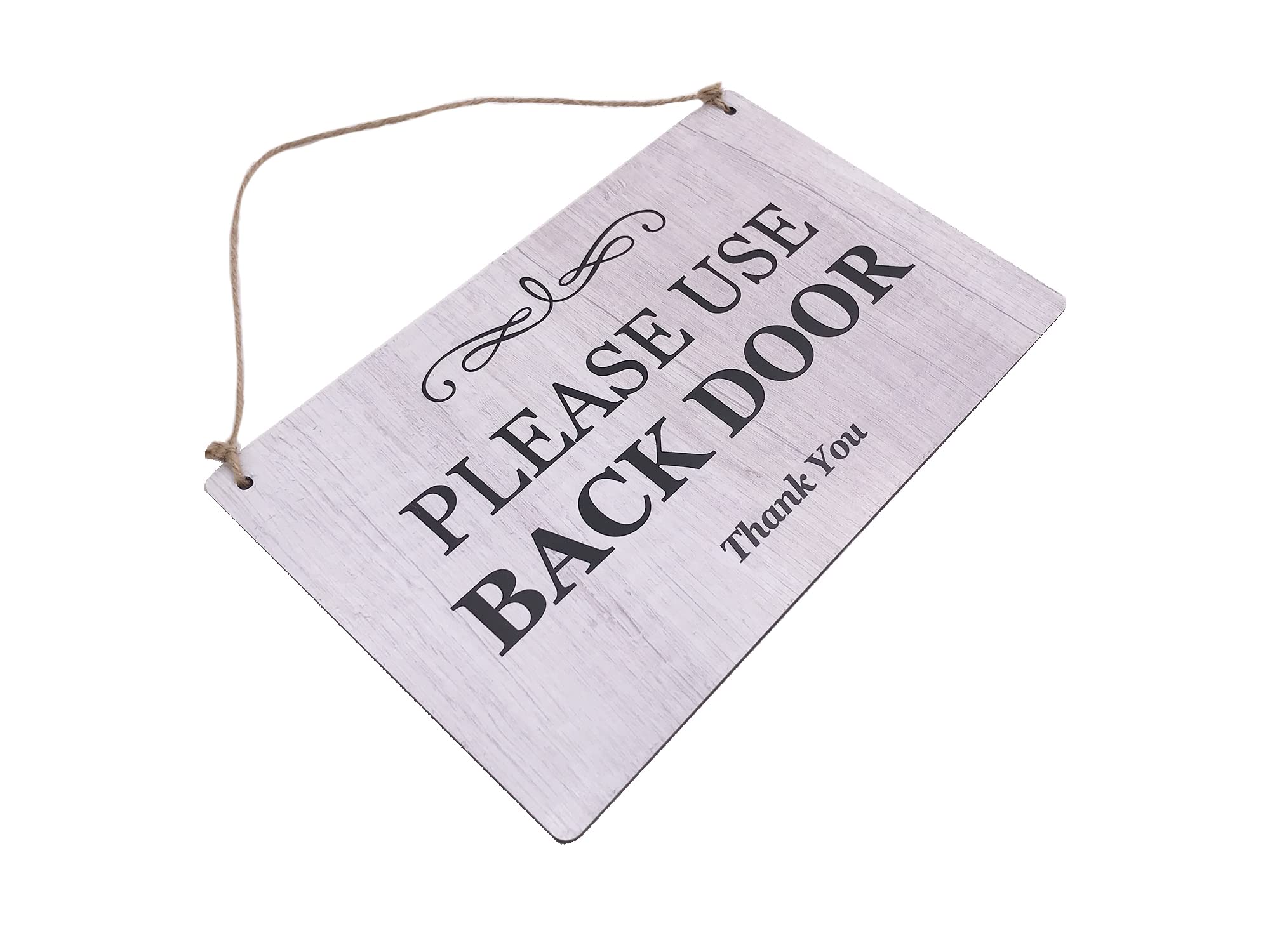 Please Use Back Door Hanging Sign - Printed contemporary design on vinyl. Easy to read, informative polite notice for your guests/customers. Global shipping. (Whitewood Effect)