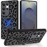 Jefonha Magnetic for Samsung Galaxy S25 Ultra Case with Finger Strap Stand, Compatible with Magsafe, Trendy Leopard Cheetah Phone Case for Women Men Slim Shockproof Cover for S25 Ultra, Black Leopard