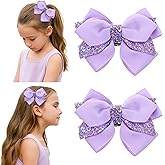 2 Pcs 3.94 Inch Purple Hair Bow Clips, Sequin Alligator Barrettes Glitter Large Hair Bows Pins for Girls Teens Toddler Kids Fall Halloween Mermaid Costume Decor Accessory Birthday Gift