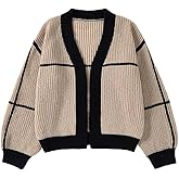 SEGT Women's Chunky Knit Open Front Color Block Long Sleeve Loose Short Cropped Cardigan Sweaters