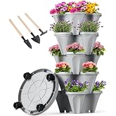 GameXcel Vertical Planter Tower - 5 Tier Stackable Garden Planters with Wheels and Tools Plant Pots for Strawberry Herb Flower and Vegetable Indoor Outdoor Use Gray