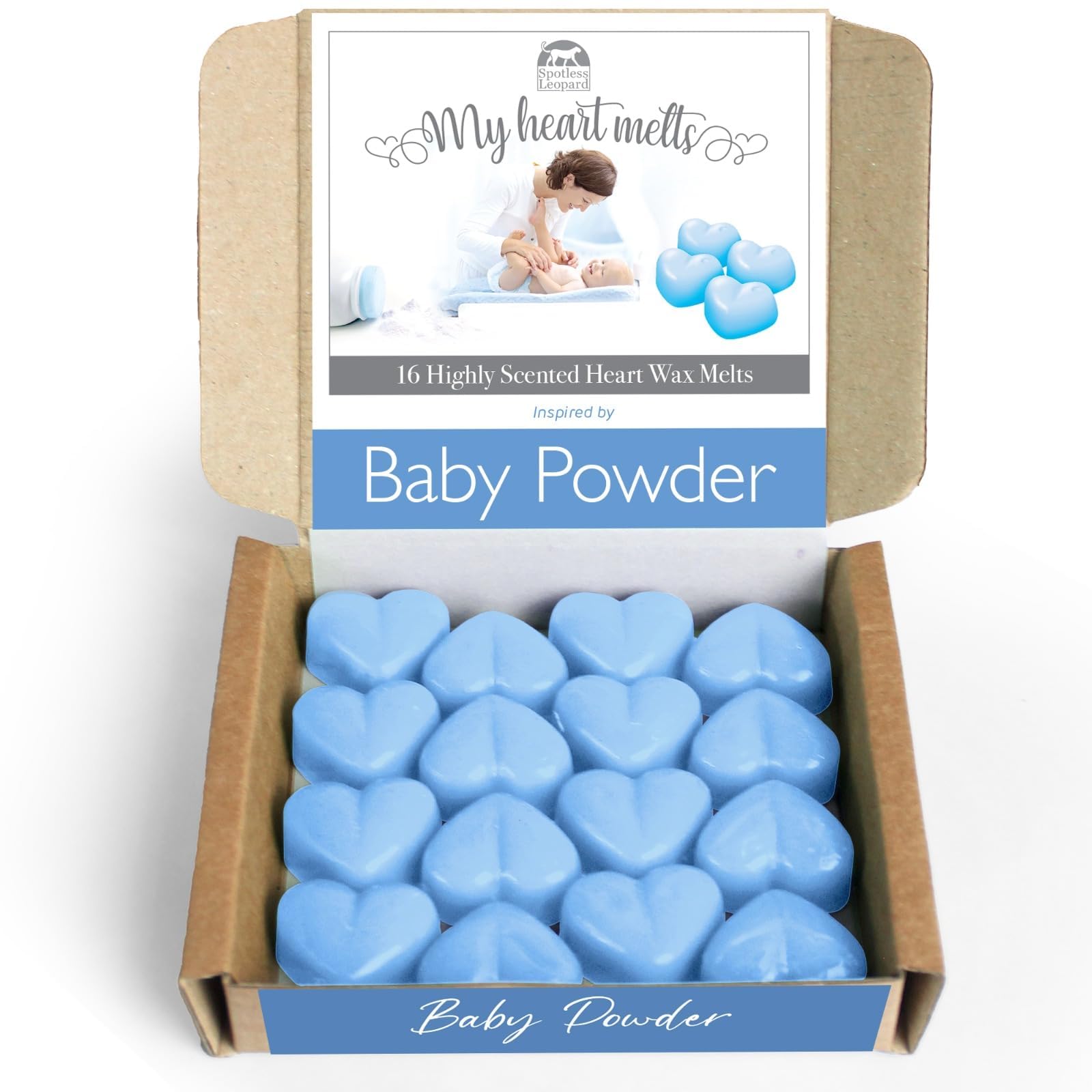 Baby Powder Wax Melts: 16 pcs x 5g Heart Shaped Scented Wax Melts, Vegan & Pet Friendly, Cruelty & Plastic Free, Handmade in UK, Candle Alternative