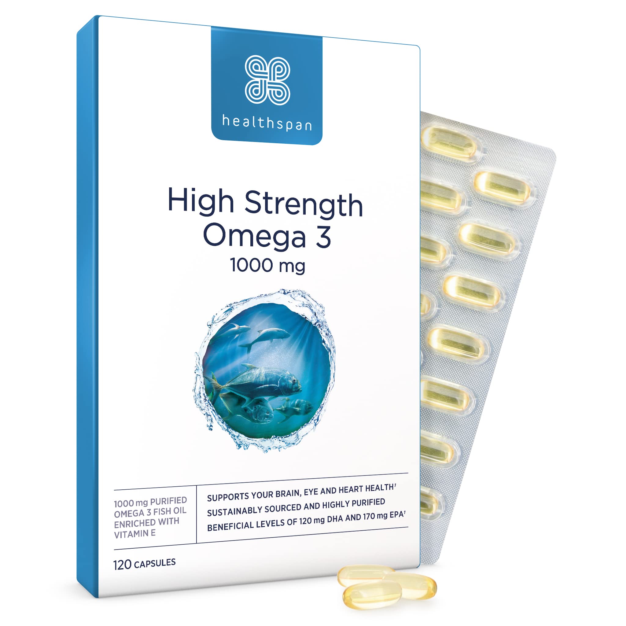 Healthspan High Strength Omega 3 1,000mg (120 Capsules) | Supports Brain, Eye & Heart Health | 120mg DHA & 170mg EPA Per Capsule | Highly Purified to Remove Toxins | Sustainably Sourced Fish Oil