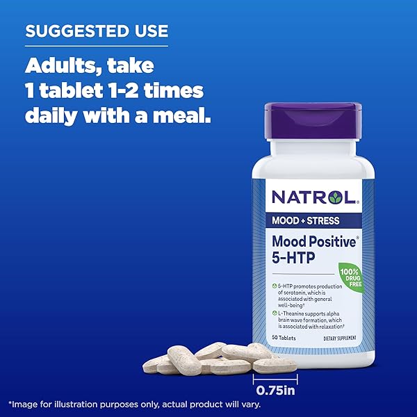 NATROL MOOD POSITIVE 5-HTP 50MG WITH L-THEANINE, VITAMIN B6, VITAMIN B12 AND FOLATE, DIETARY SUPPLEMENT HELPS SUPPORT A POSITIVE MOOD, 50 TABLETS, 25-50 DAY SUPPLY