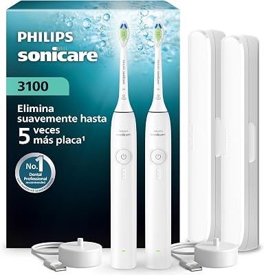 Sonicare Serie 3100 - Cepillo dental sónico, sensor de presión, 3 niveles de intensidad, EasyStart, SmarTimer, autonomía de 14 días, estuche, blanco, pack doble, HX4072/41, [Nuevo]