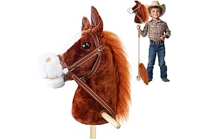 PLYFOU Plush Stick Horse with Wood Wheels Real Pony Neighing and Galloping Sounds Toy,Horse on A Stick Provides Fun Pretend Play for Toddlers & Preschoolers,Brown(AA Batteries Required)