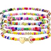M MOOHAM Valentines Gifts for Kids - 5PCS Colorful Beaded Initial Bracelets for Girls Women Cute Stretch Heart Letter Bracelet Initial Stackable Bracelet Birthday Gift Jewelry for Kids Teen Girl