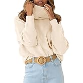 MURMUREY Womens Turtleneck Drop Shoulder Sweaters Chunky Knit Long Sleeve Oversized Sweater Fall Winter Pullover Jumper Tops Khaki