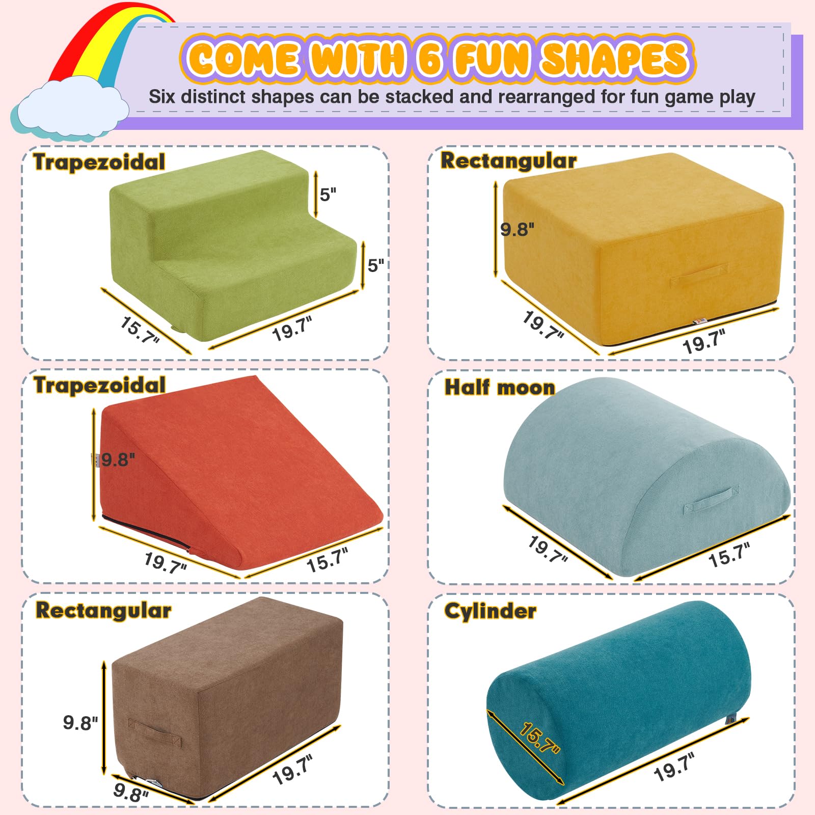 jela Kids Foam Climbing Blocks 6Pcs Soft Play Equipment Miss Fabric, Toddler Climbing Toys Indoor Soft Play Climbing Set, Lightweight Climbing Blocks for Toddlers, Crawling Foam Playset (Colorful)