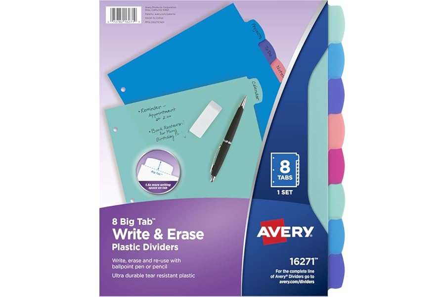 Avery Big Tab Write & Erase Dividers, 8-Tab, Pastel, 1 Set | For Organizing Reports and Projects, Tear-Resistant Plastic Tabs, Big Tab Extra Writing Space, For 3-Ring Binders