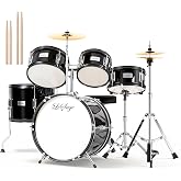 LeSage Drum Sets 5-Piece for Beginners,16 inch Size Complete Drum Kit Black | Poplar Shells,Thickened PET Heads, Adjustable Throne, Cymbal, Hi-Hat, Pedal &amp; 2 Pairs of Drumsticks