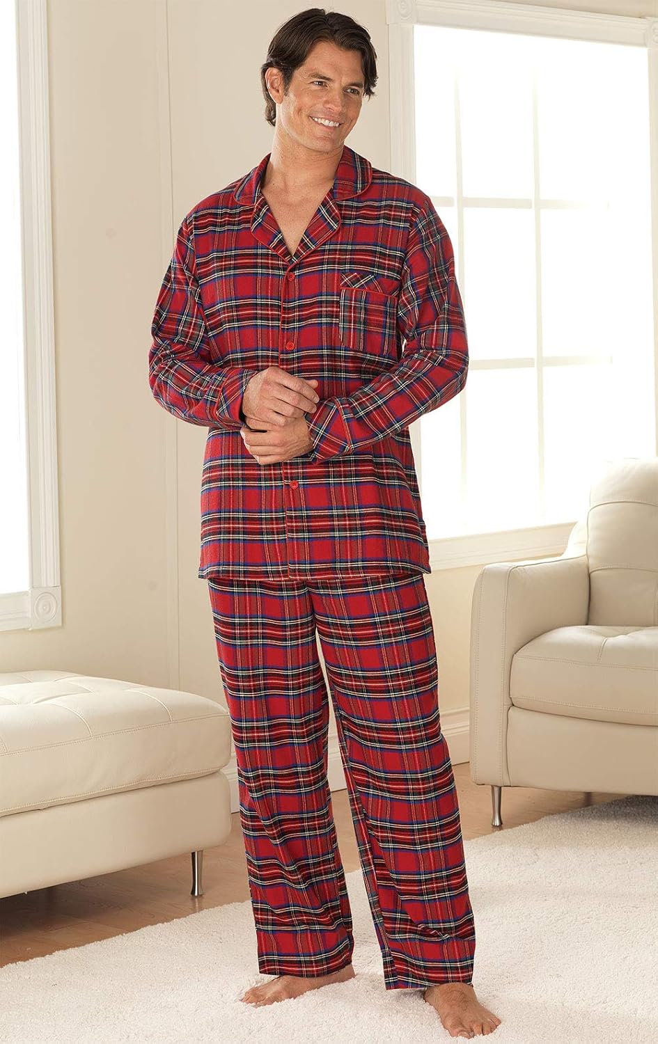 PajamaGram Mens Flannel Pajamas Sets - Cotton Pajamas for Men, Button Top at  Men’s Clothing store