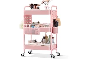 TOOLF 3-Tier Rolling Cart, Metal Utility Storage Cart with DIY Pegboards, Art Craft Trolley with Baskets Hooks, Organizer Serving Cart Easy Assemble for Office, Home, Kitchen, Classroom (Pink)
