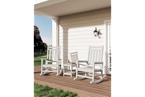 GarveeLife Poly Lumber Rocking Chair Outdoor Set of 2 with Side Table - HDPE High Back Porch Rocker Chairs for Adults - All Weather Resistant Furniture for Patio - White