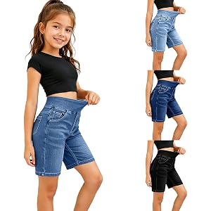 Bermuda Jean Shorts for Girls Pull on Denim Short Pants Teen Kids Elastic High Waisted Long Jeans Stretchy Slim Fit