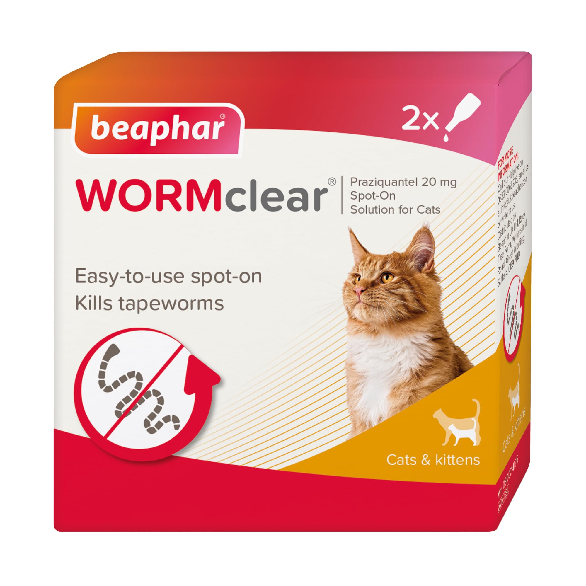 Beaphar - WORMclear® Spot-On for Cats – 2 Pipettes - Kills Tapeworms - Vet Strength Worming Treatment Worming Treatment - Easy-To-Use Spot-On - Suitable for Cats & Kittens Weighing More than 1kg