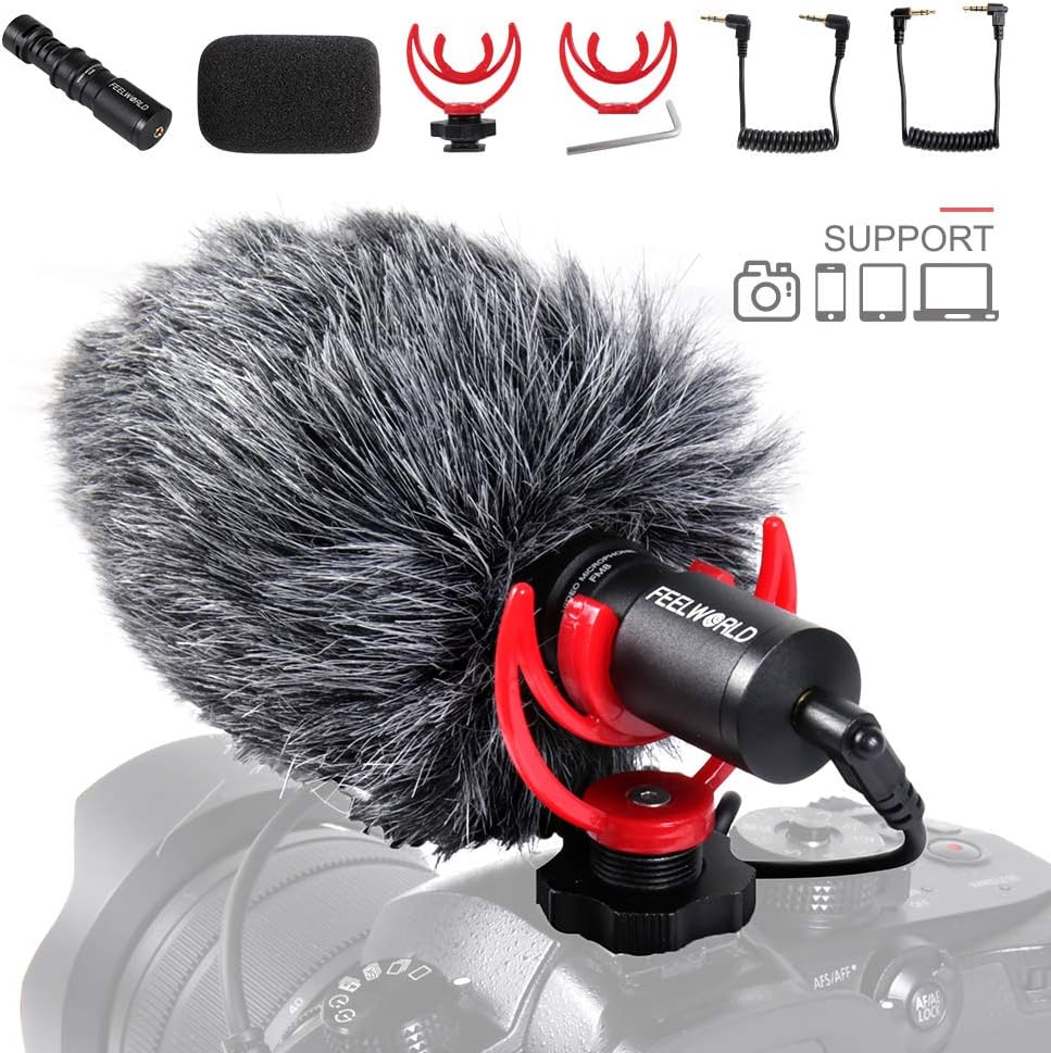 Feelworld FM8 Camera Video Microphone for Camera, Shotgun Microphone with Shock Mount, 3.5mm Conversion Cable, Noise Reducing Deadcat Windscreen for DSLR Camera, Vlogging, Music Live Streaming