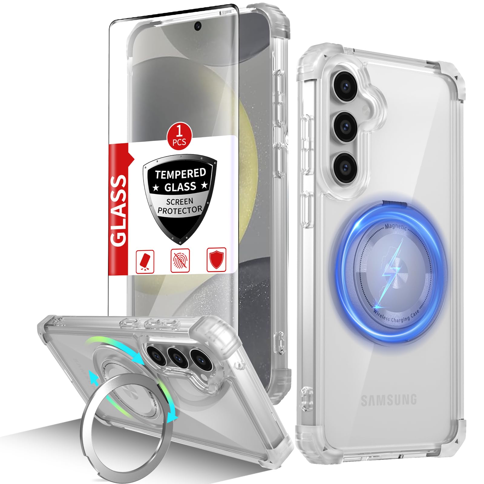 Photo 1 of IYTRRYH for Samsung Galaxy S24 Case Compatible Wireless Charging Magnetic,with Screen Protector,for S24Phone Case Built-in 360°Kickstand Ring Military Grade Drop Shockproof Heavy Duty Protection Clear