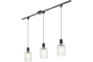 Emliviar Rustic 3 Pcs Track Pendant Lighting with Hammered Glass, 47 inch H Type Track Rail Hanging Lantern in Black Finish, 