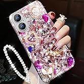 Changjia for iPhone 16 Glitter Bling Case,Cute Luxury 3D Sparkle Crown Crystal Rhinestone Diamond Stunning Gemstones Pearl with Lanyard Wrist Strap Women Girls Phone Case for iPhone 16 6.1" (Hot Pink)