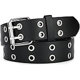 SANSTHS Women Double Grommet Studded Belts, Black Leather Belt for Women Men Punk belt