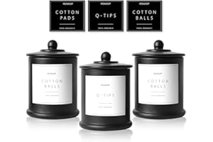 Ronasip 3 Pack Farmhouse Bathroom Organizers and Storage - 16Oz Glass Apothecary Jars with Lids for Qtip Holder, Cotton Swab Organizer, Bathroom Decor and Vanity Storage with Waterproof Labels(Black)