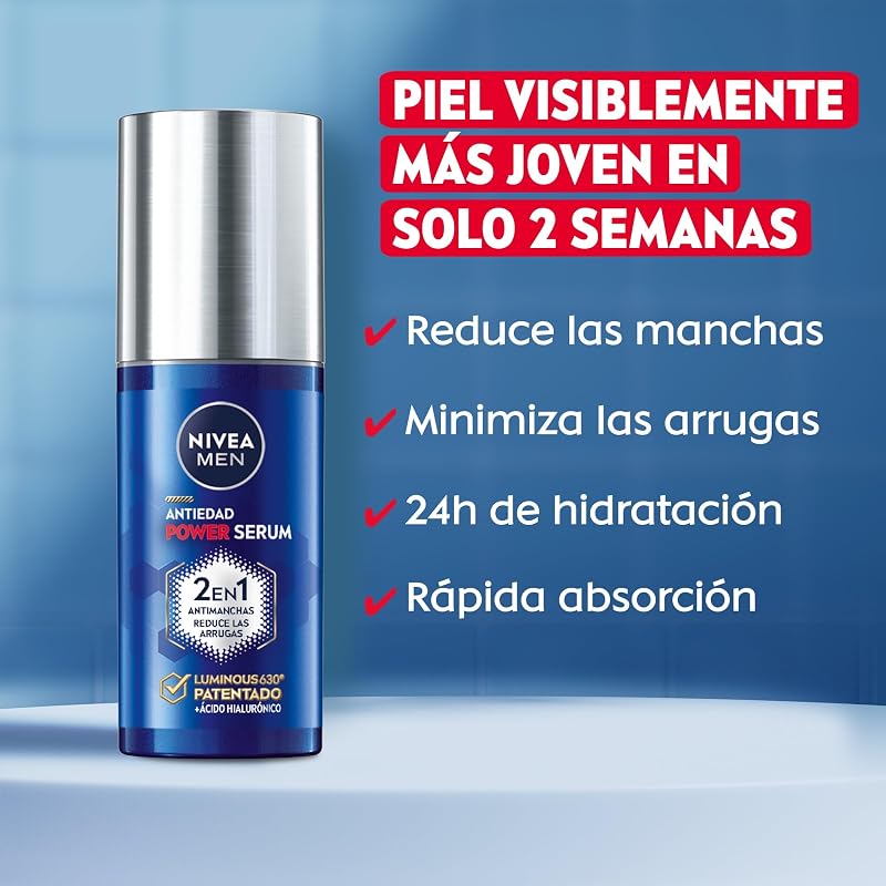 Nivea men power anti-aging serum 2 em 1 anti-manchas e antirrugas (1 x 30 ml), soro facial com luminous 630 para homens, soro anti-manchas com ácido hialurônico