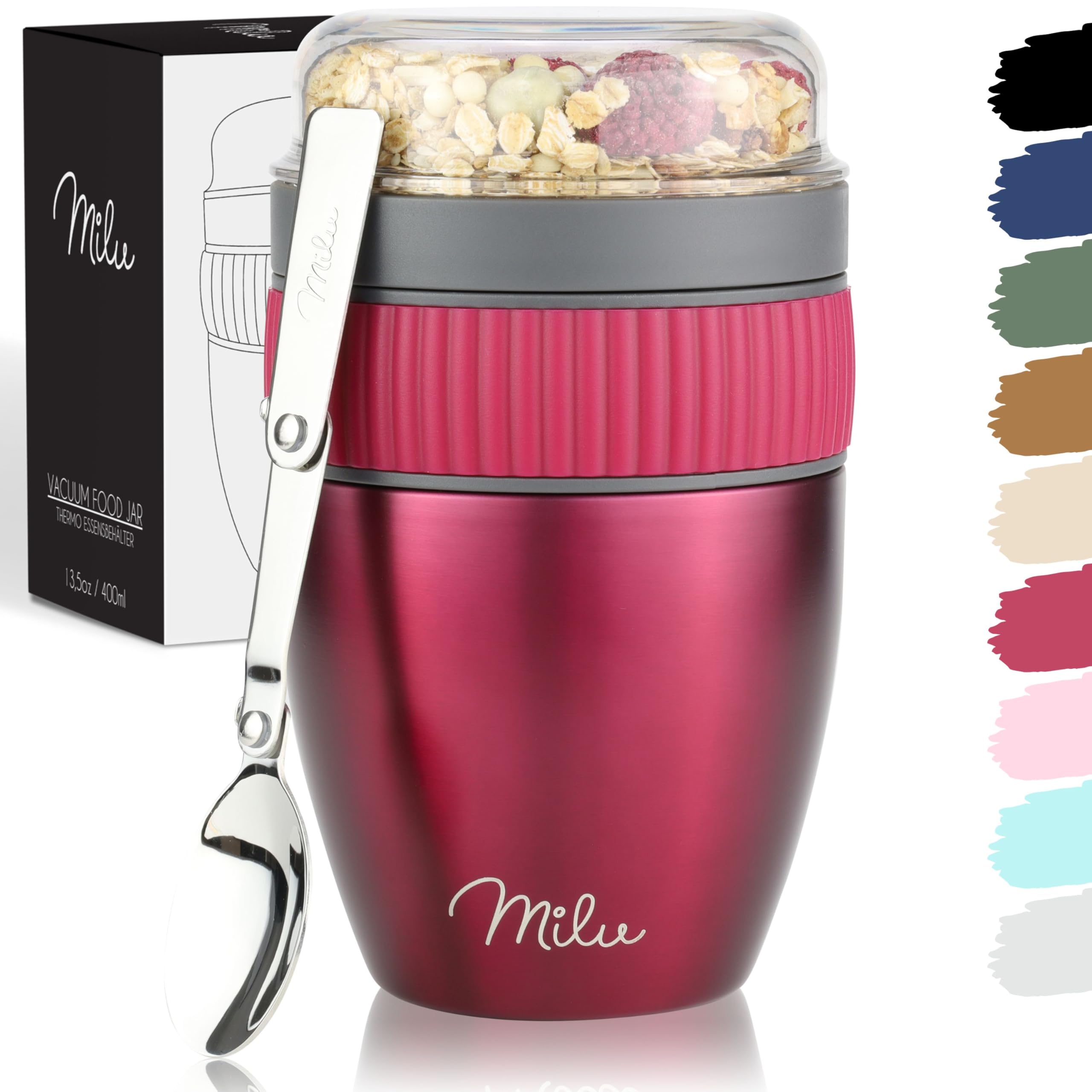 Milu Cereal Cup to go 400ml I insulated yoghurt cup for muesli I leak-proof cup with spoon for yoghurt/porridge (Berry)