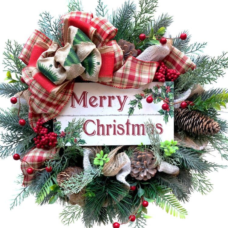 Photo 1 of Bibelot 18inch Mesh Chrimas Day Wreath 18inch Artificial Winter Berries Wreaths with Merry Christmas Sign for Indoor/Door Decor, Wreaths for Christmas and Winter Decor