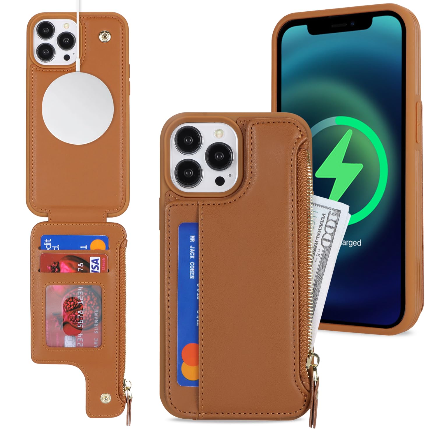 SailorTech iPhone 14 Pro Max Case with Credit Card Holder magsafe, iPhone 14 Pro Max Phone Leather Case Wallet for Women Compatible mag safe Card Slots Zipper Shockproof Case for Men - Brown — image 1