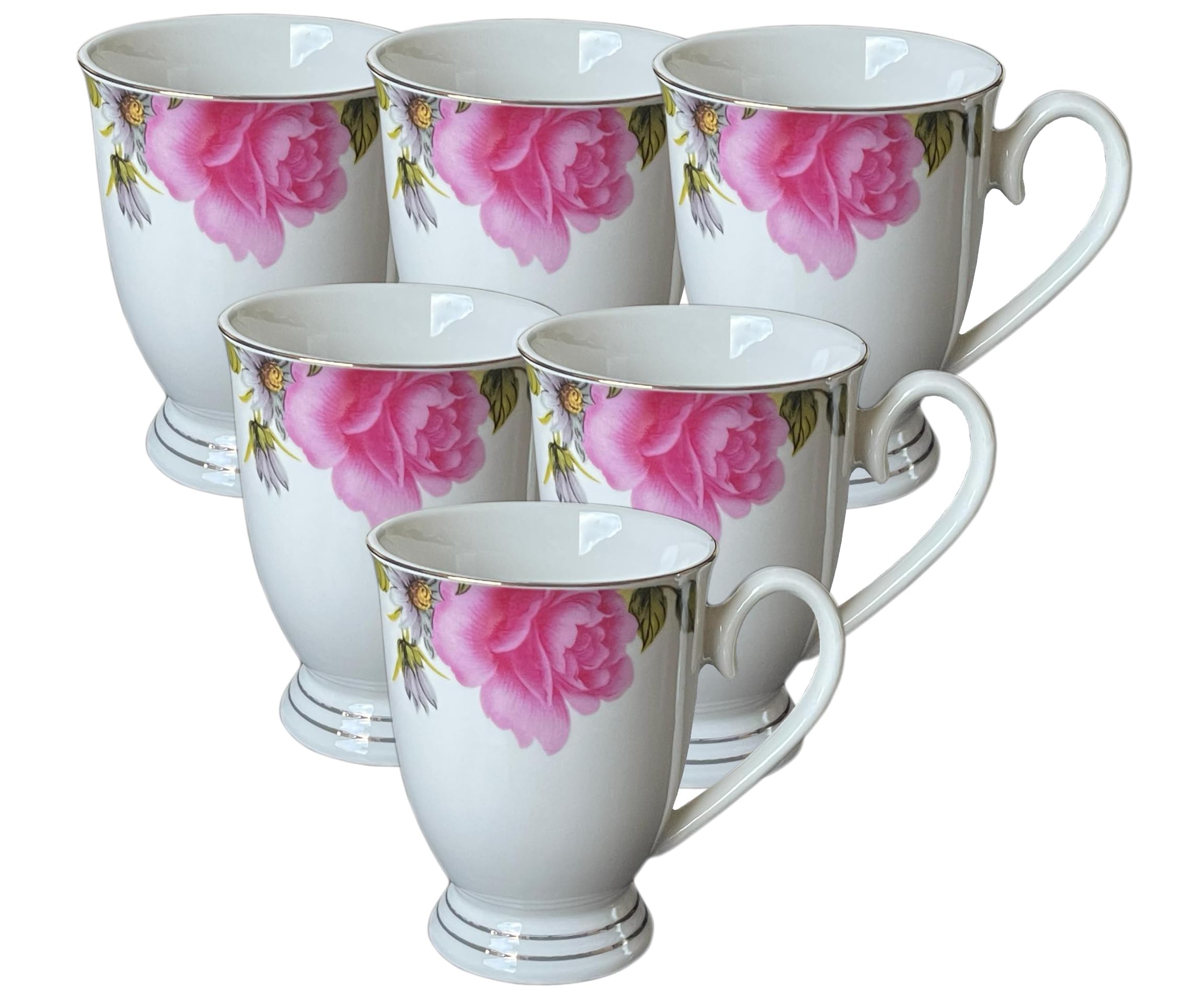 electromax 6 Piece Teacup and Gift Set - Vintage Serving Set for 6, with Bone China Tea Cup/Mug 300ml Strong Lightweight Set - Pink Ross Set