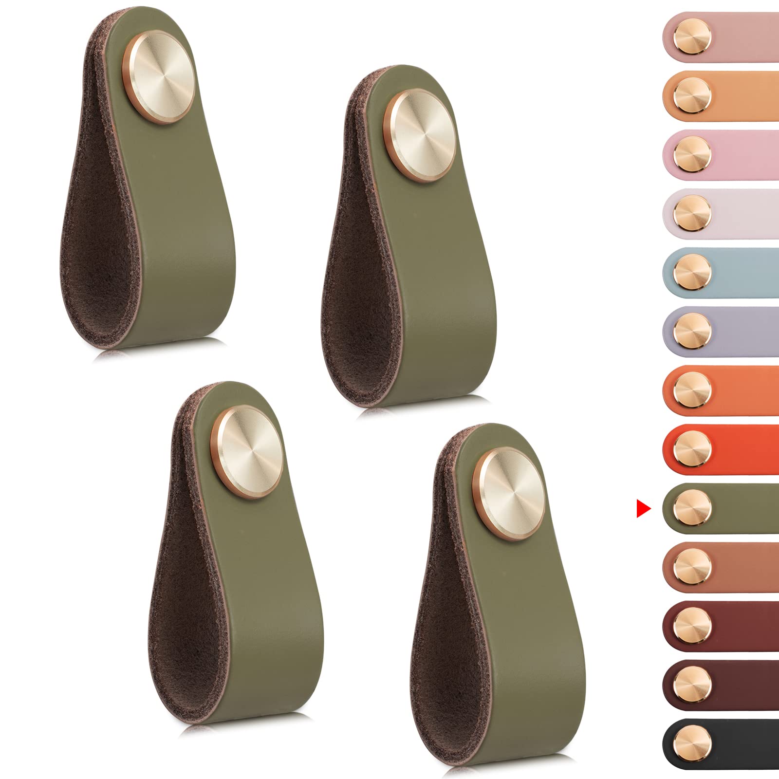 LEREATI Leather Drawer Handles & Knobs - 4pcs Kitchen Cupboard Handles & Pulls, Door Knobs for Cupboards, Wardrobe, Dresser, Closet (Green, Single Hole)